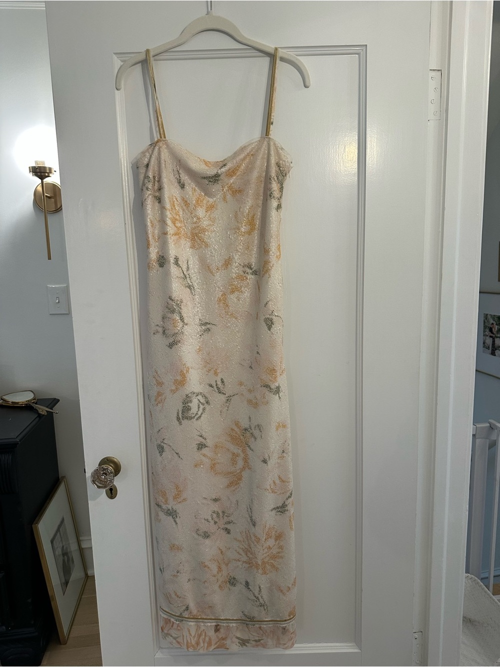 Zara Limited Edition Cream Floral Sequin Slip Dress with Gold Straps